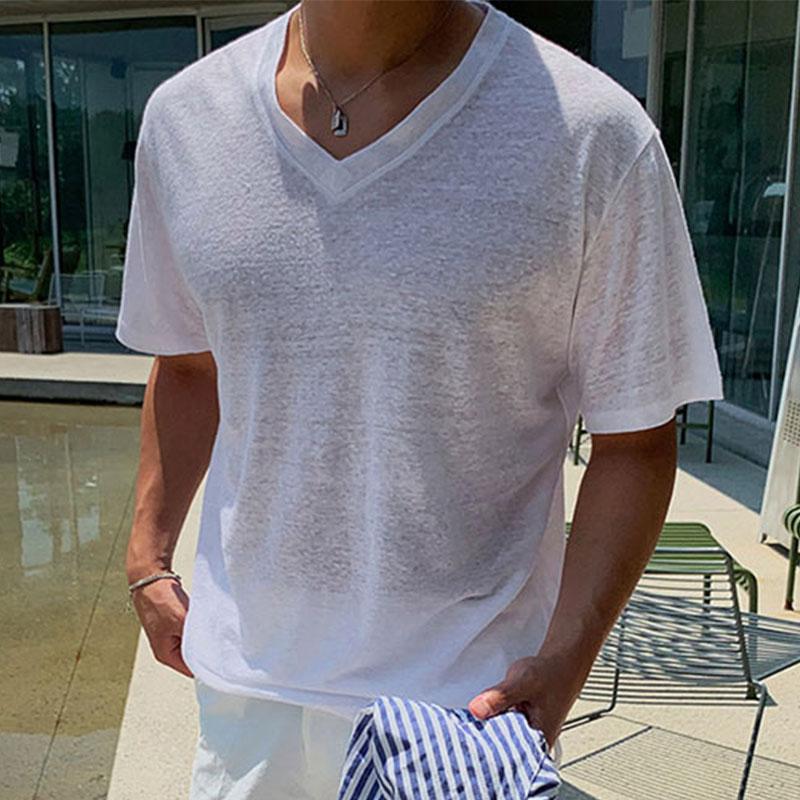 Mens Casual V Neck Solid Color Summer Short Sleeve T-shirt 08333768M