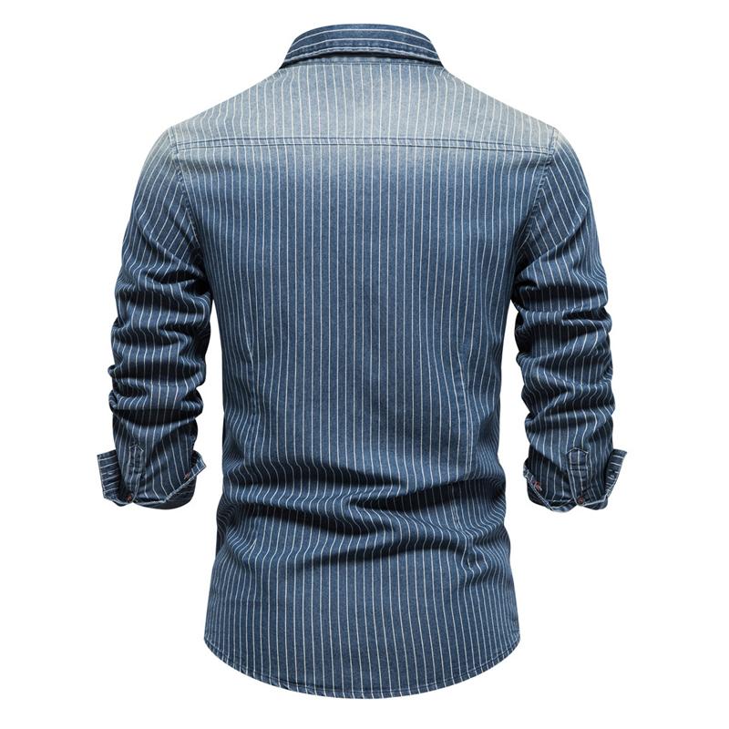 Mens Washed Distressed Striped Denim Shirt 98861733X