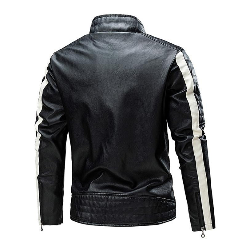 Mens Vintage Stand Collar Colorblock Stitching Zip-Up Leather Biker Jacket 01382637M