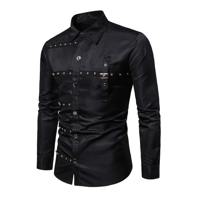 Mens Vintage Stud Lapel Long Sleeve Shirt 37571404M