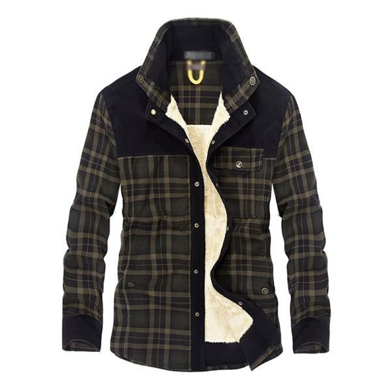 Mens Washed Cotton Plaid Lapel Fleece Thermal Jacket 14246512M