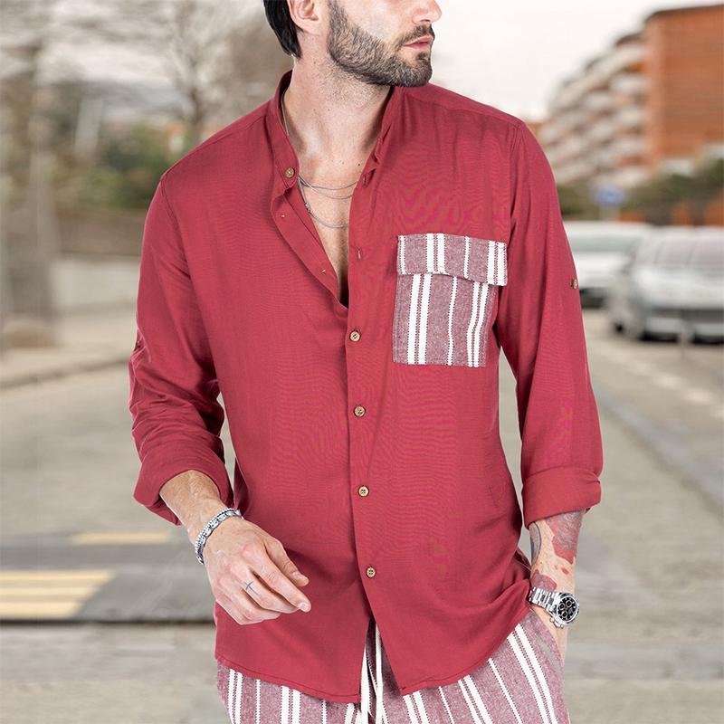MenS Casual Summer Color Contrast Stitching Lapel Long-Sleeved Shirt 82610754M
