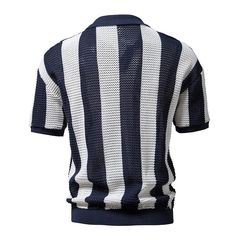 Mens Summer Lapel Openwork Knitted Short-sleeved Polo Shirt 99057324M