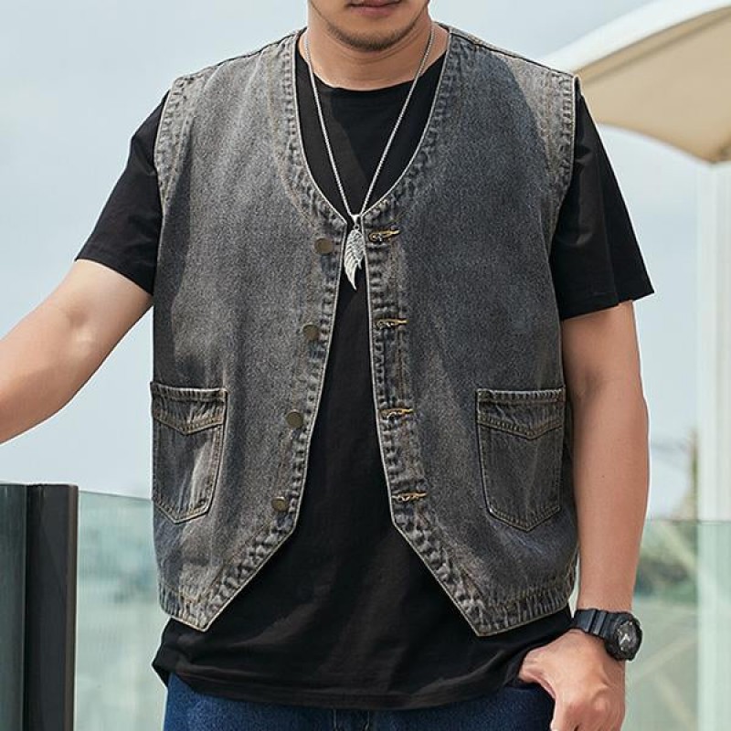 Mens Casual Loose Single Breasted Denim Vest 69915126M