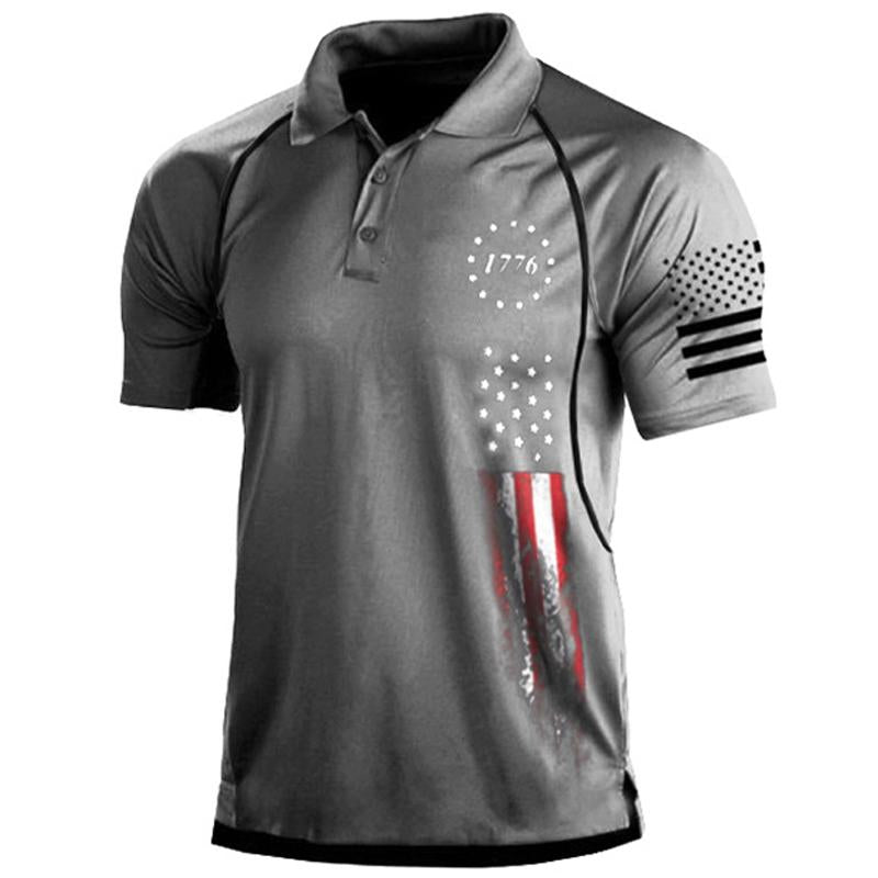 Mens Flag Print Lapel Short Sleeve Polo T-Shirt 95787594Y