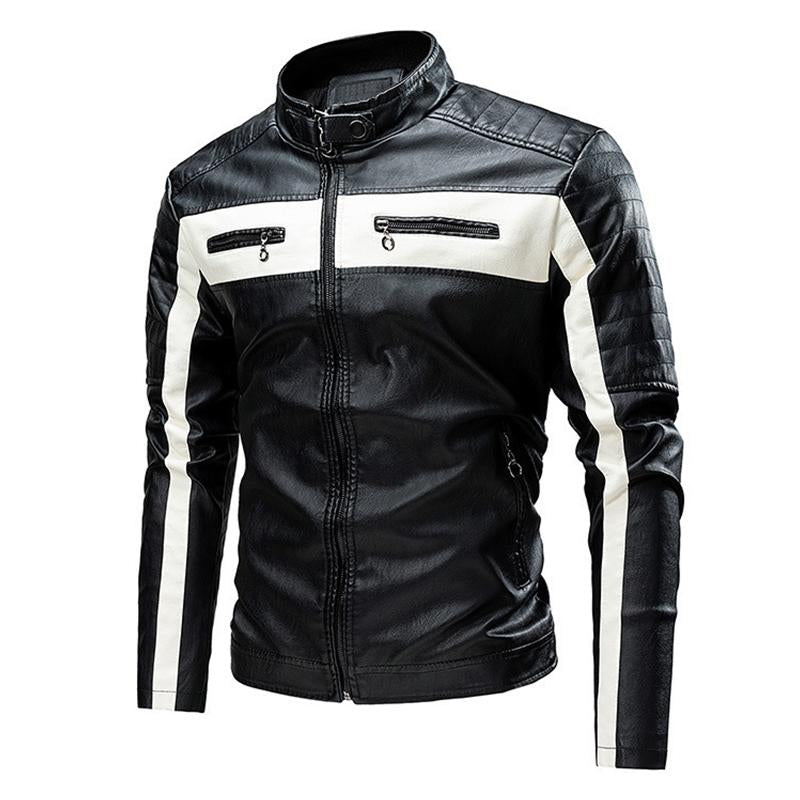 Mens Vintage Stand Collar Colorblock Stitching Zip-Up Leather Biker Jacket 01382637M