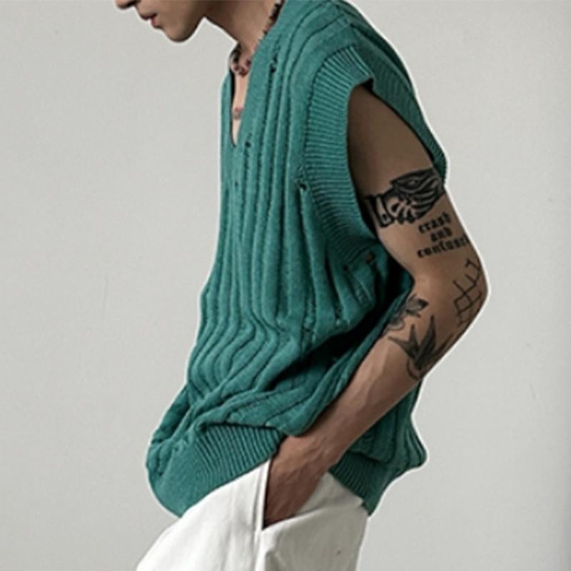 Mens Casual Loose Hollow Solid Color Knit Vest 78032282M