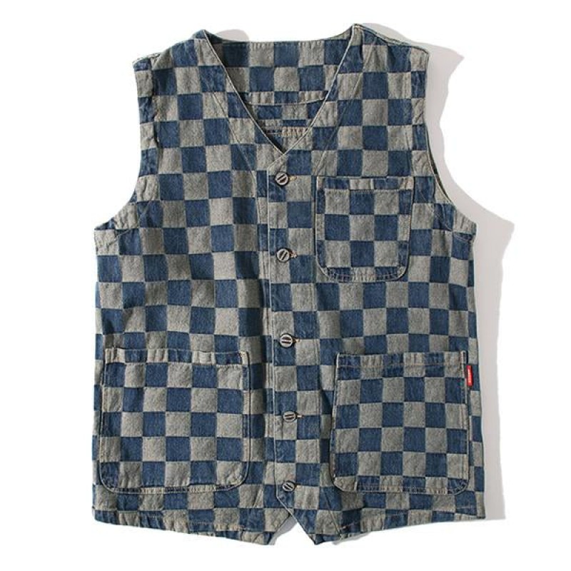 Mens Vintage Washed Distressed Denim Vest 03795520M