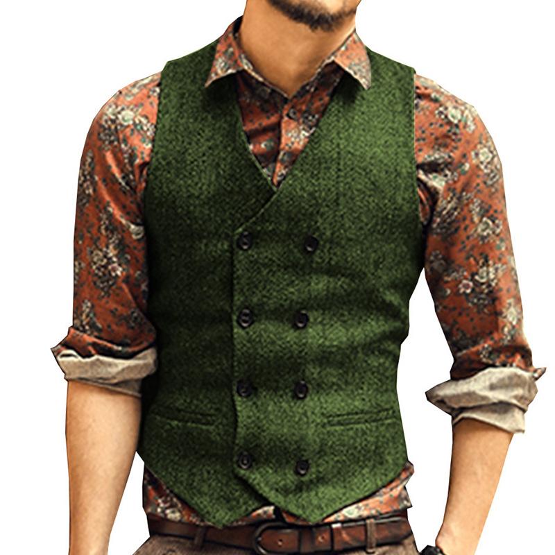 Mens Vintage Herringbone V-Neck Double Breasted Vest 84812263M