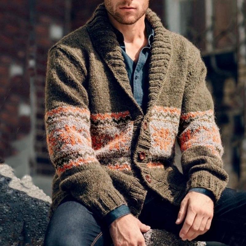 Mens Lapel Vintage Jacquard Long Sleeve Knit Cardigan 43949822M