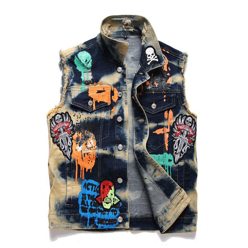 Mens Casual Washed Embroidery Print Lapel Collar Loose Denim Vest 39872810M