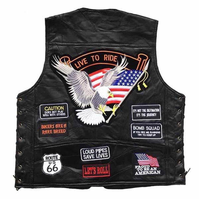 Mens Embroidered Badge Leather Biker Vest 34397283M