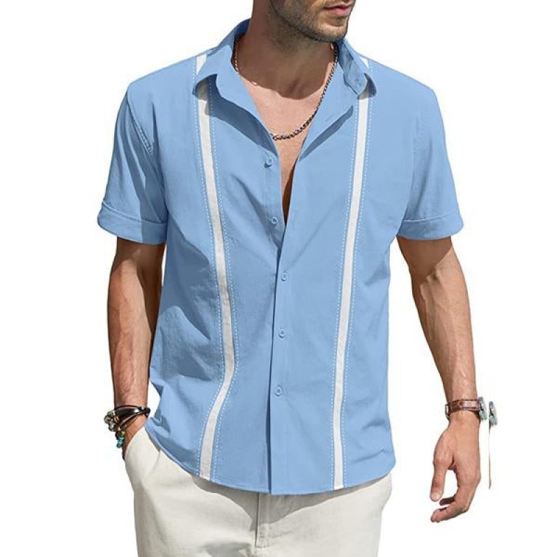 Mens Lapel Colorblock Linen Shirt 58965828X