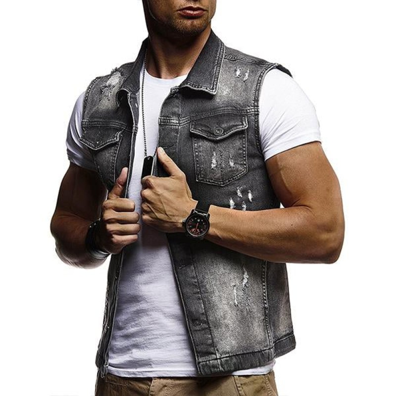 Mens Casual Washed Ripped Denim Vest 62135222M
