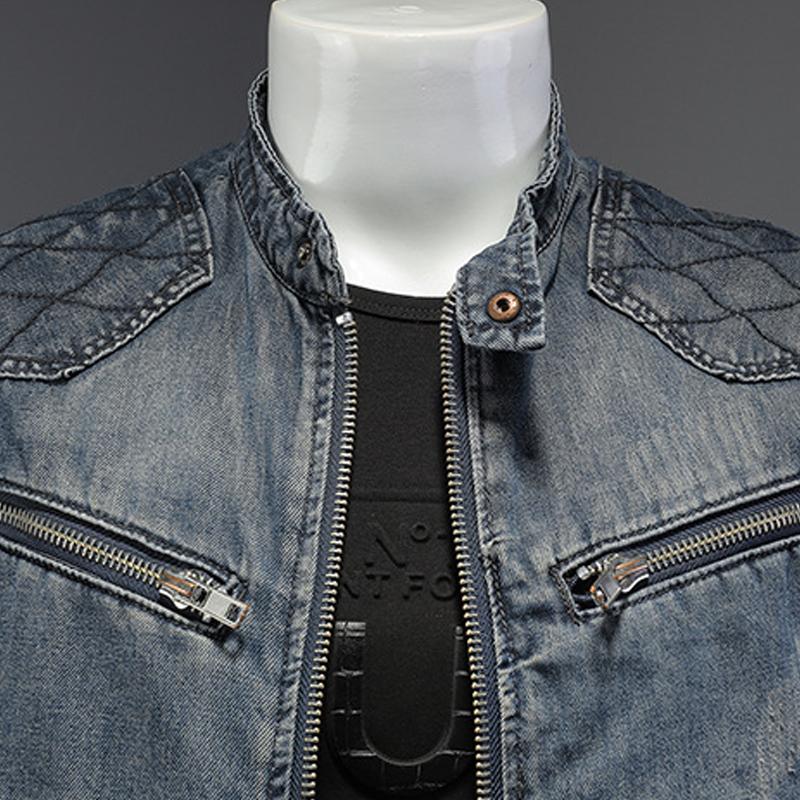 Mens Vintage Stitching Stand Collar Motorcycle Denim Vest 17095434Y