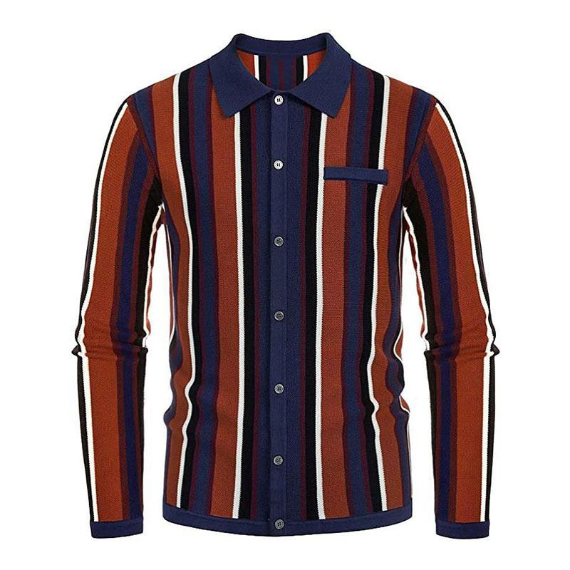 Mens Lapel Striped Jacquard Long Sleeve Knitwear 70348053M