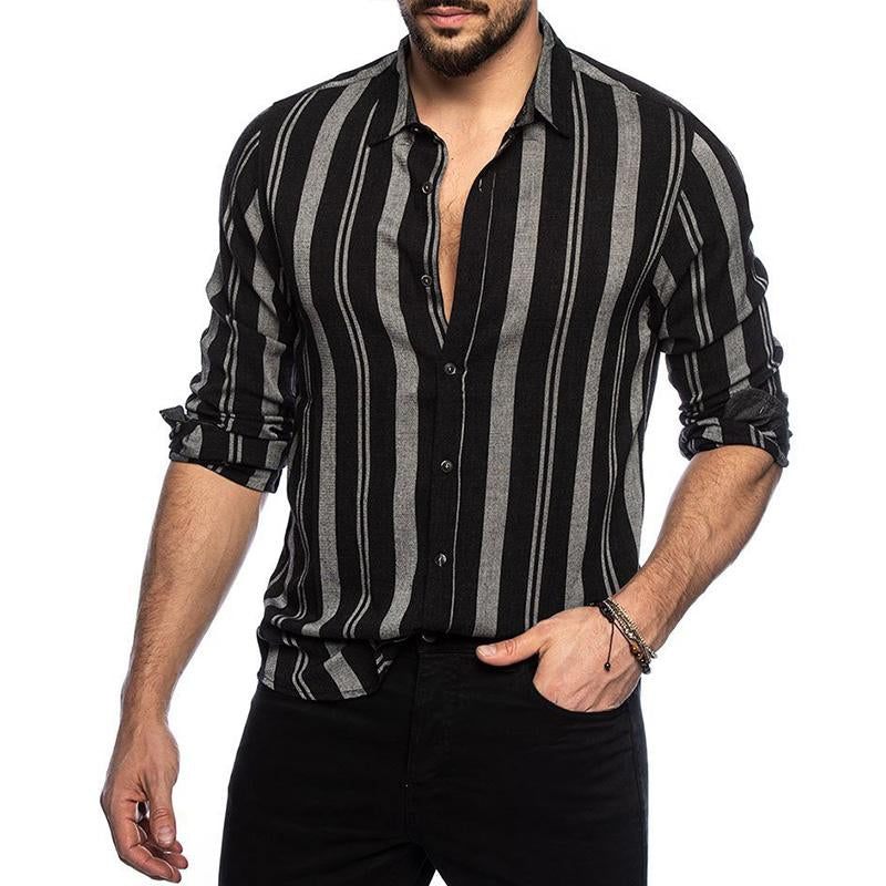 Mens Casual Lapel Stripe Slim Long Sleeve Shirt 84139040M