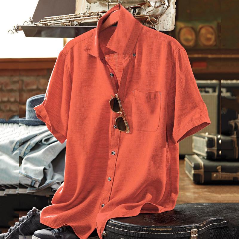 Mens Cotton and Linen Solid Color Lapel Short-sleeved Shirt 17520449X