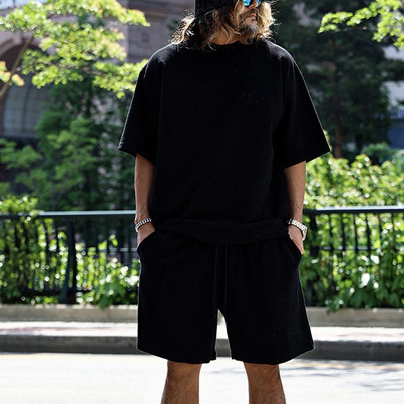 Mens Loose Solid Cotton Short Sleeve T-shirt Shorts Set 79265908Z