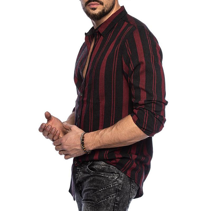 Mens Casual Lapel Stripe Slim Long Sleeve Shirt 84139040M