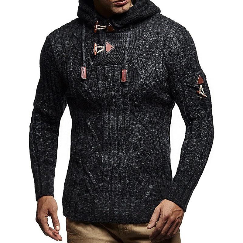 Mens Slim Long Sleeve Hooded Horn Button Knit Pullover 50911856M