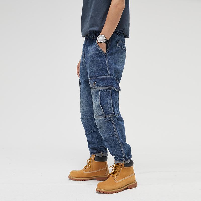 Mens Vintage Washed Multi-Pocket Loose Cargo Denim Straight Pants 51679875M