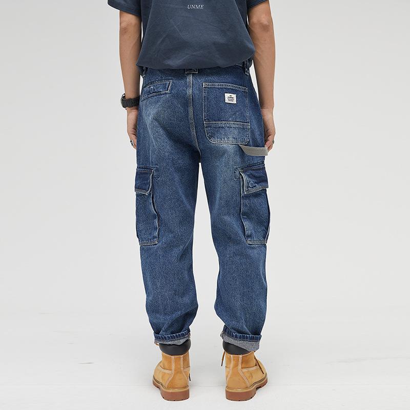 Mens Vintage Washed Multi-Pocket Loose Cargo Denim Straight Pants 51679875M