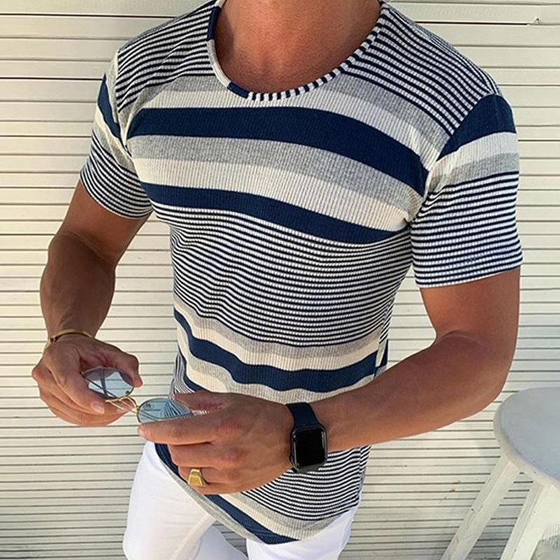 Mens Casual Striped Round Neck Short Sleeve T-Shirt 84079311M