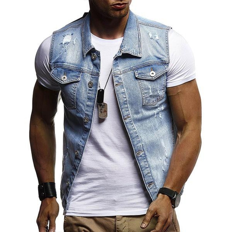 Mens Casual Washed Ripped Denim Vest 62135222M