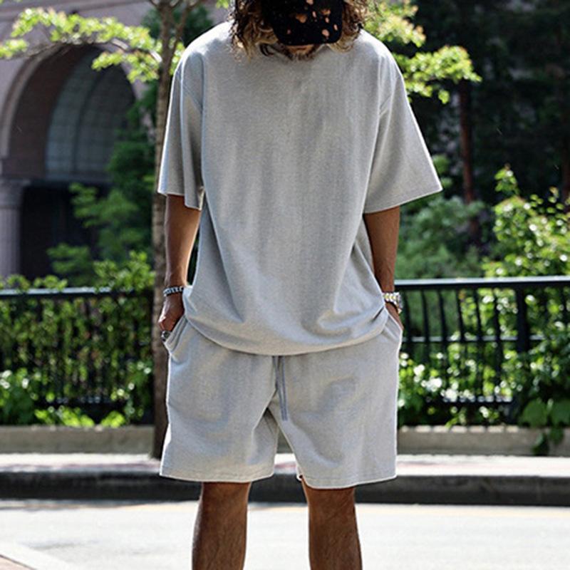 Mens Loose Solid Cotton Short Sleeve T-shirt Shorts Set 79265908Z