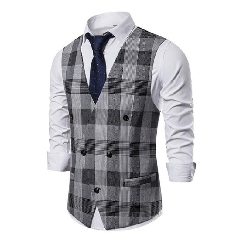 Mens Casual V-Neck Plaid Suit Vest 97343336M