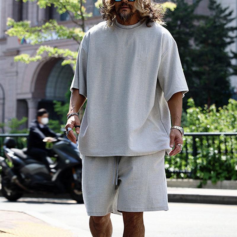 Mens Loose Solid Cotton Short Sleeve T-shirt Shorts Set 79265908Z