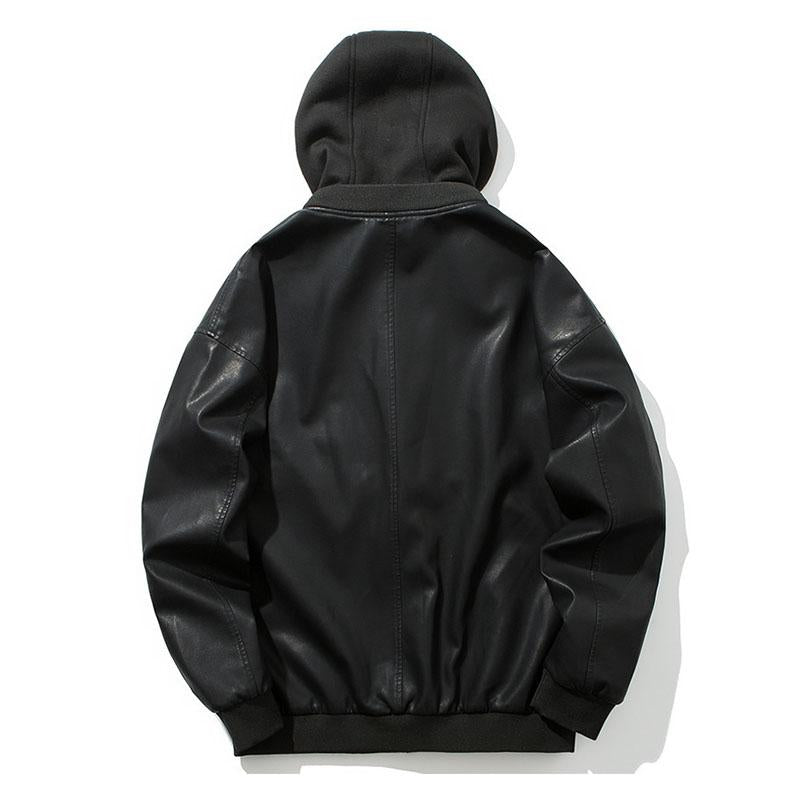 Mens Hooded Loose Motorcycle Leather Jacket 86208900M