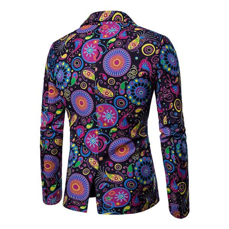 Mens Lapel Ethnic Print Long Sleeve Thin Blazer 72190484M