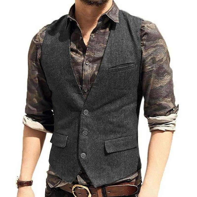 Mens V-neck Tweed Single Breasted Vest 89211169M