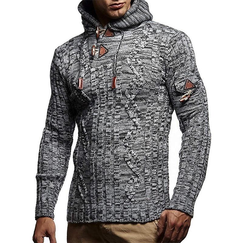 Mens Slim Long Sleeve Hooded Horn Button Knit Pullover 50911856M