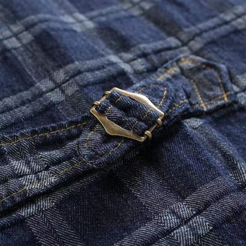 Mens Vintage Multi-pocket Cotton Washed Plaid Denim Vest 22819911M