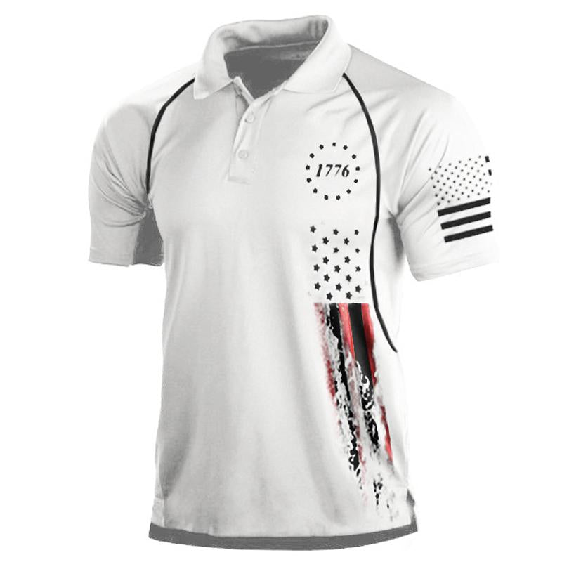 Mens Flag Print Lapel Short Sleeve Polo T-Shirt 95787594Y