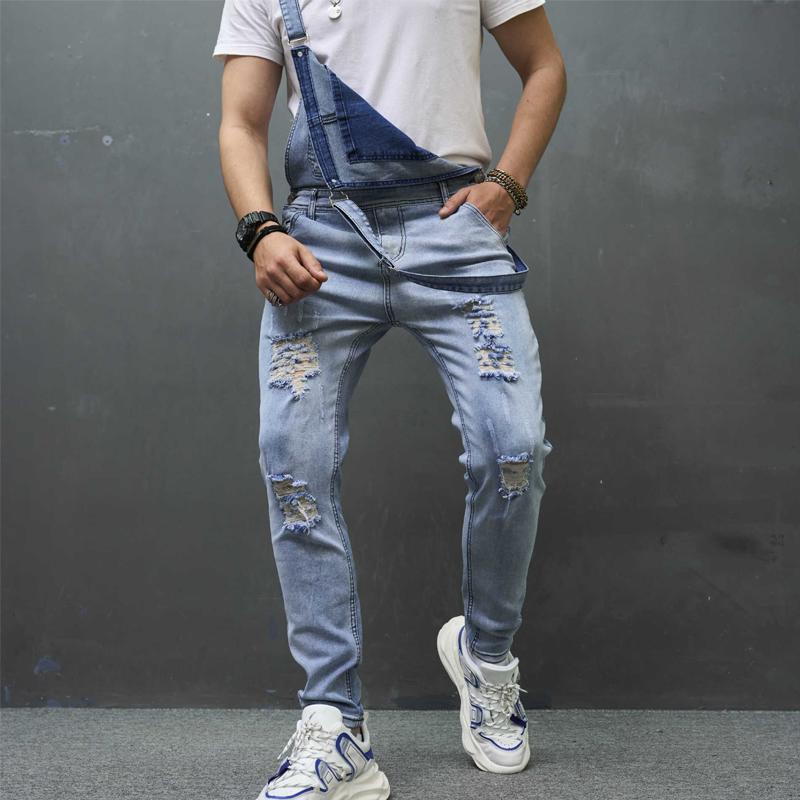 Mens Casual Solid Color Washed Ripped Denim Overalls 04755632Y