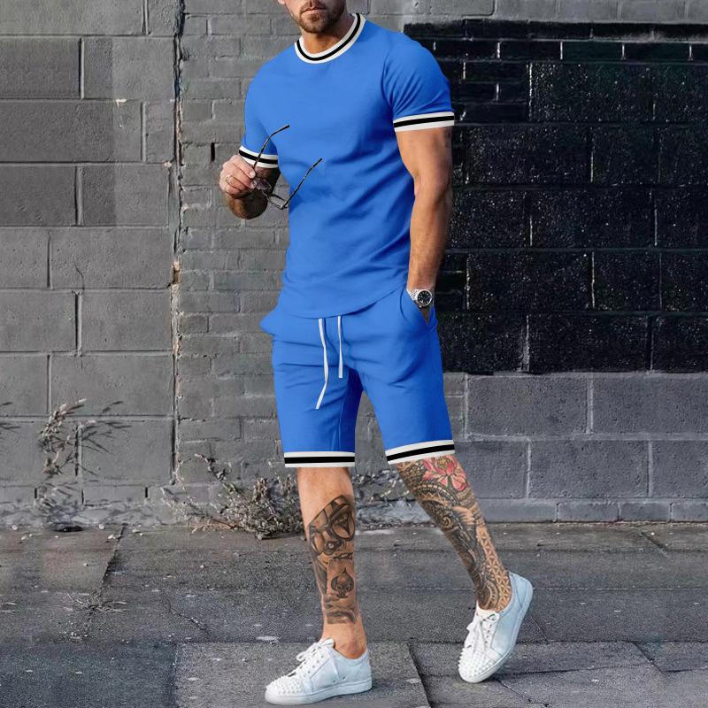 Mens Solid Color Short Sleeve Shorts Set 57608237X