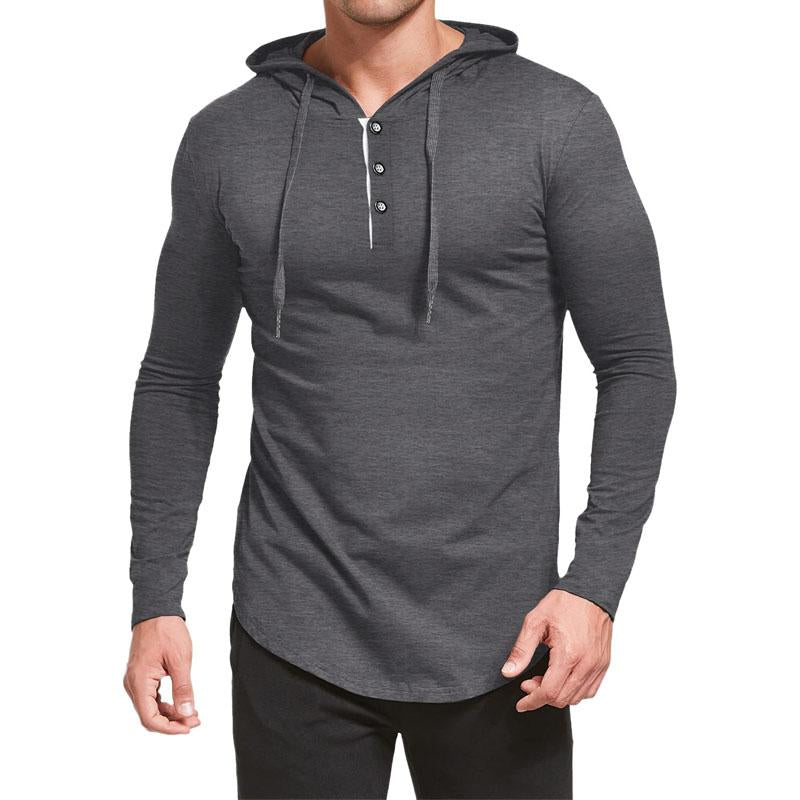 Mens Casual Round Neck Button Loose Long Sleeve Hooded T-Shirt 14365821M