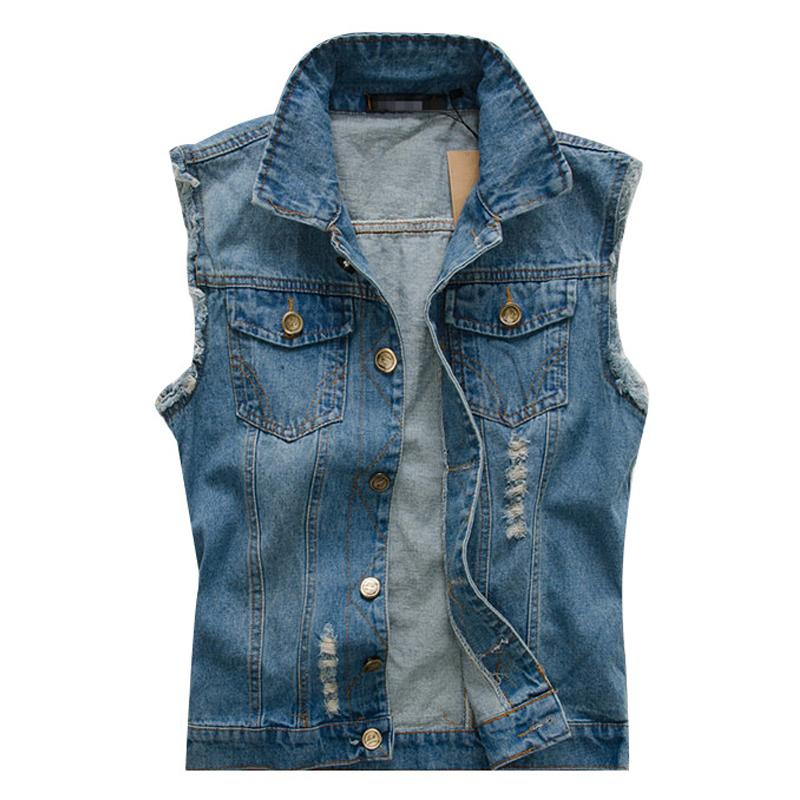 Mens Denim Ripped Vest with Lapel Collar 02939770X