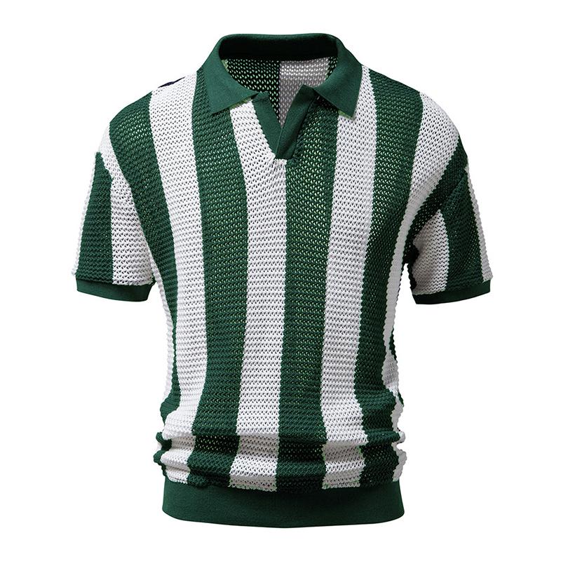 Mens Summer Lapel Openwork Knitted Short-sleeved Polo Shirt 99057324M