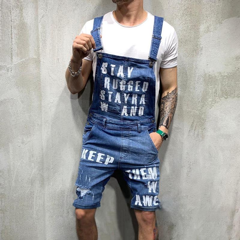 Mens Vintage Letter Print Ripped Denim Shorts Overalls 57767118Y