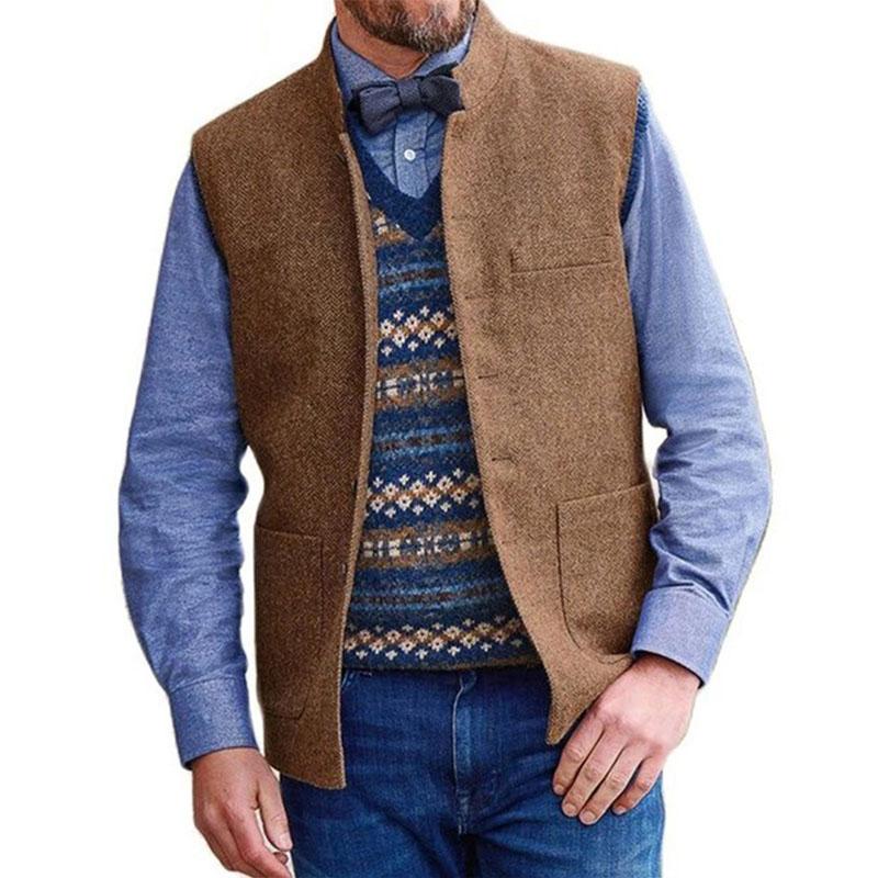 Mens Vintage Stand Collar Herringbone Suit Vest 68116871M