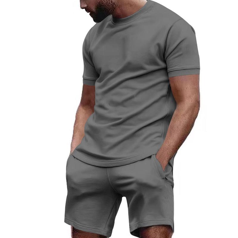 Mens Solid Loose Short Sleeve T-shirt Shorts Sports Set 39155105Z