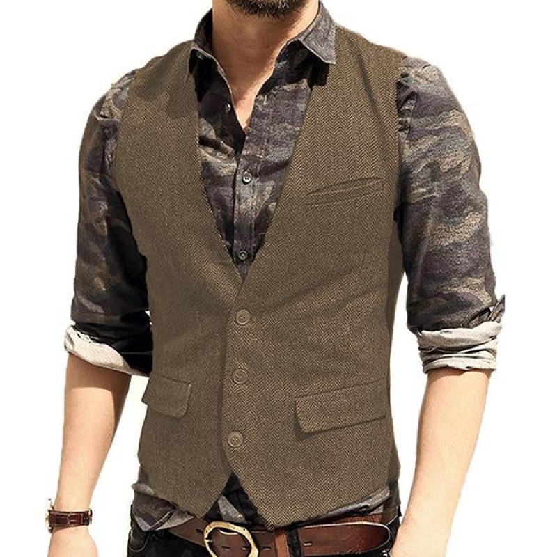 Mens V-neck Tweed Single Breasted Vest 89211169M