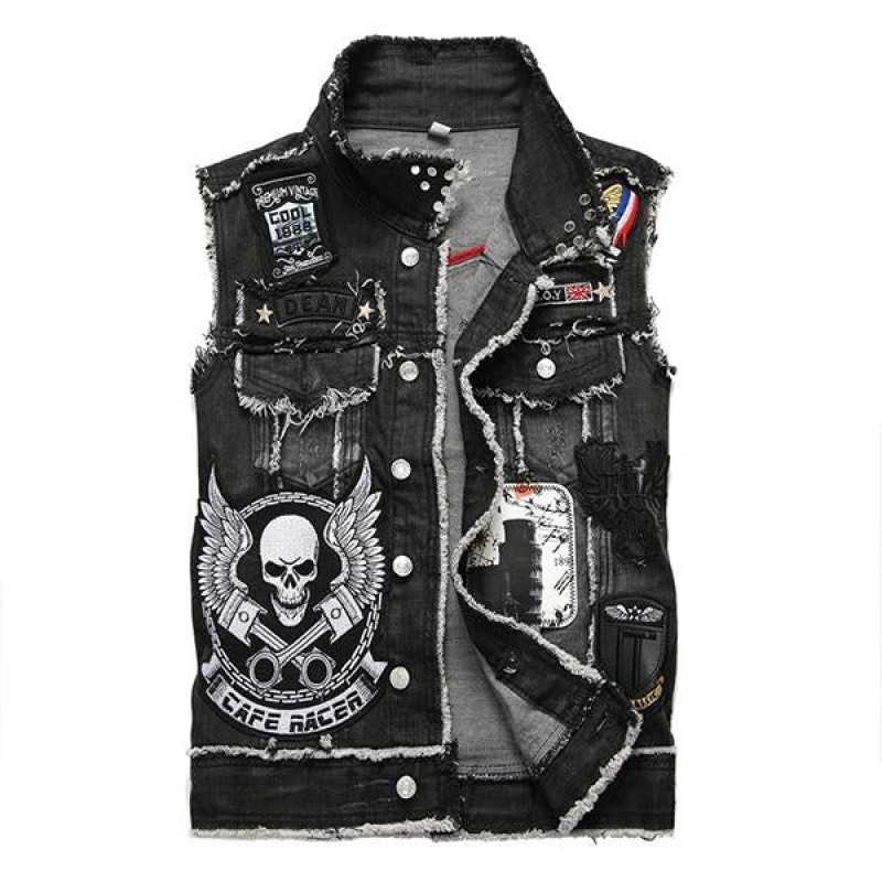 Mens Washed Embroidered Skull Denim Vest 11712032M