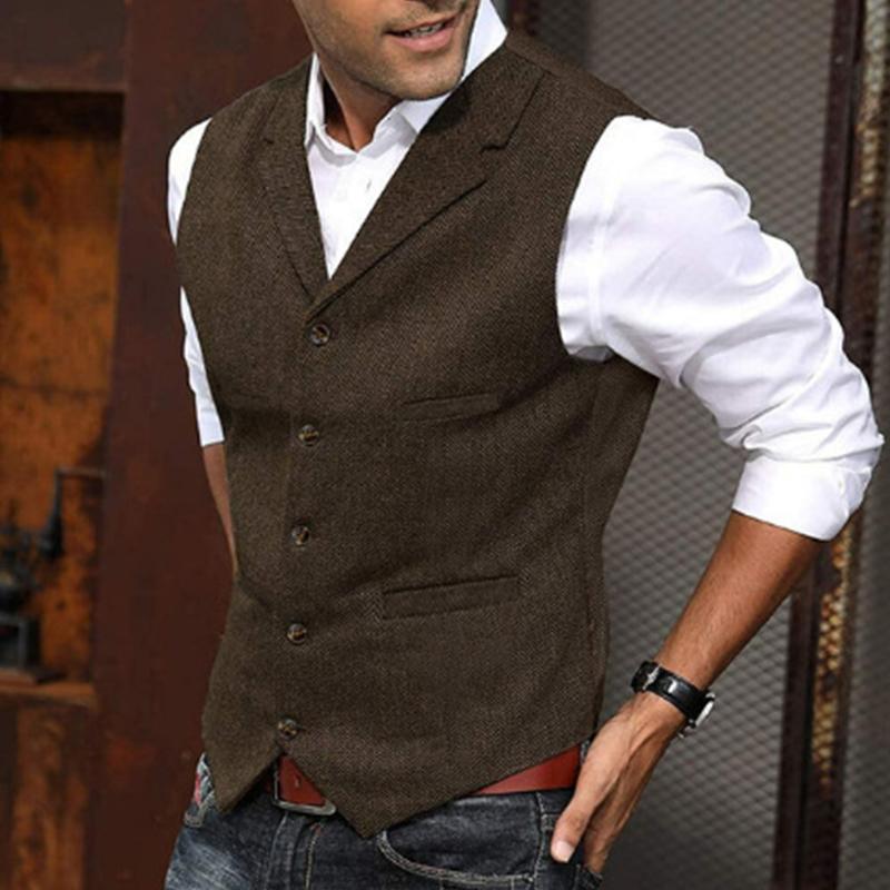 Mens Vintage Herringbone Lapel Single Breasted Slim Vest 34062296M