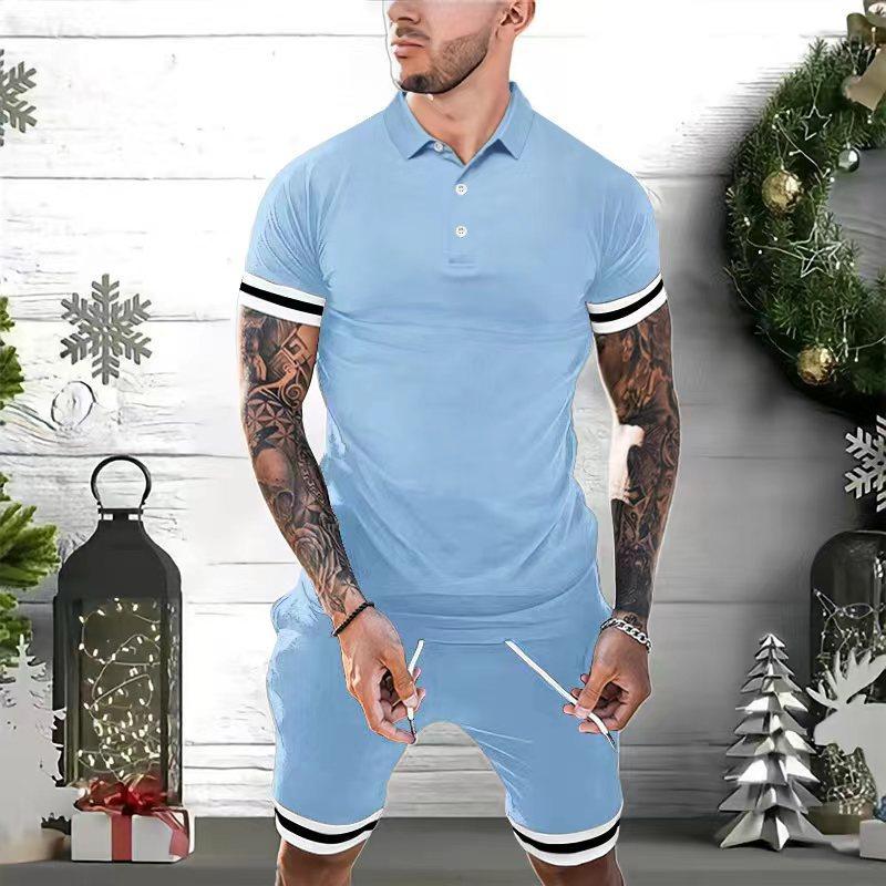 Mens Colorblock Striped Cuff Short Sleeve Polo Shirt Shorts Set 02905193Z